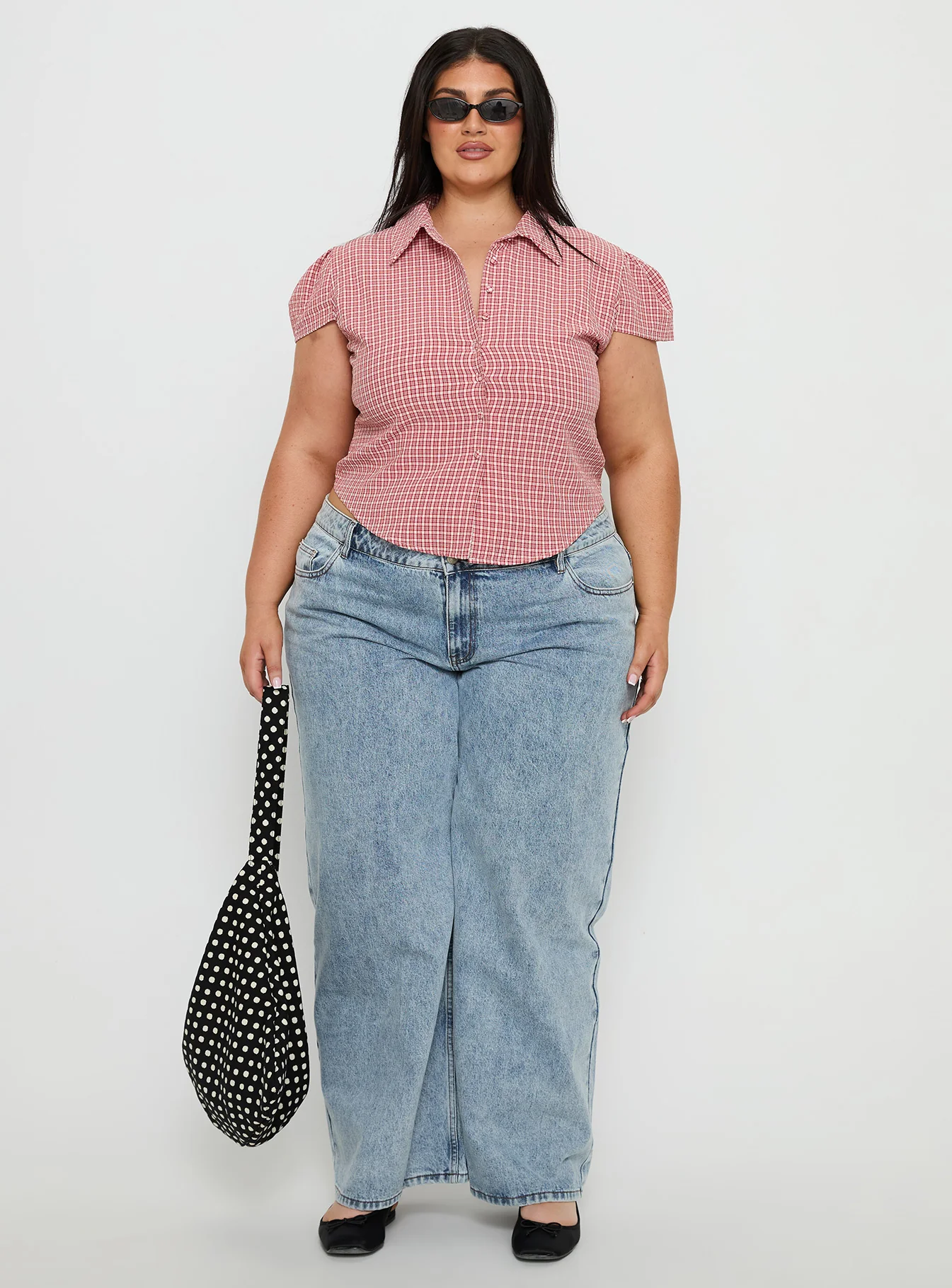 Float Away Button Up Top Red Check Curve