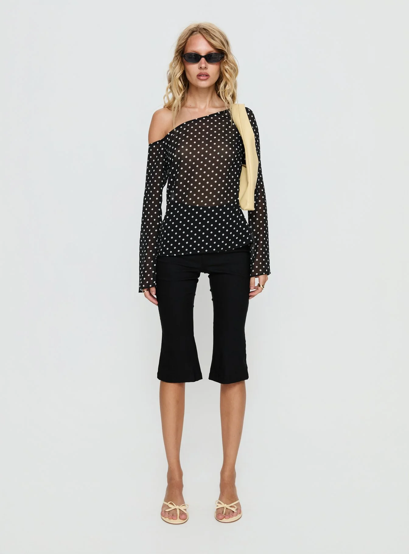 Shiona Sheer One Shoulder Long Sleeve Top Black Polka