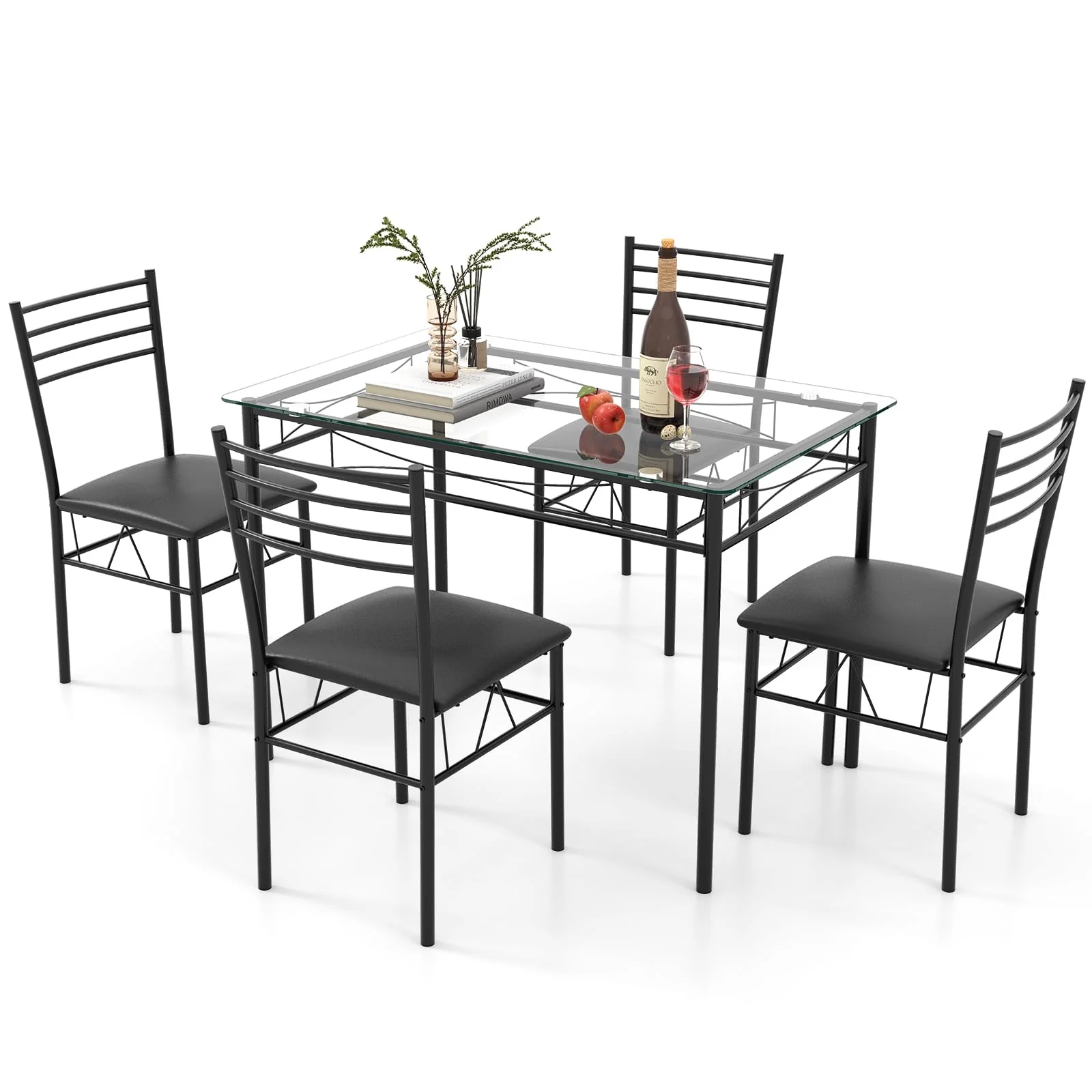BEFOUNDLOVELY 5 Piece Dining Table Set with Tempered Glass Table Top and 4 Upholstered Chairs