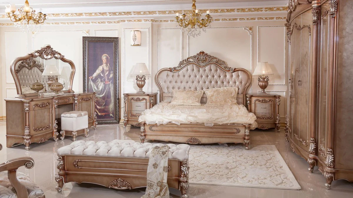 Luxury Baroque double bed gray / copper / silver - Magnificent solid wood bed - Luxury bedroom furniture in the Baroque style - Baroque furniture - Baroque furnishings - Noble & magnificent