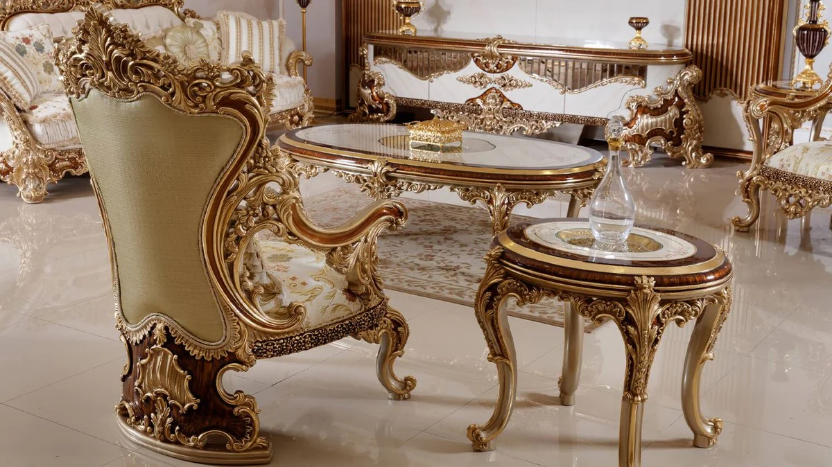 Luxury baroque coffee table white / brown / gold - magnificent living room table with glass top - baroque living room furniture - noble & magnificent