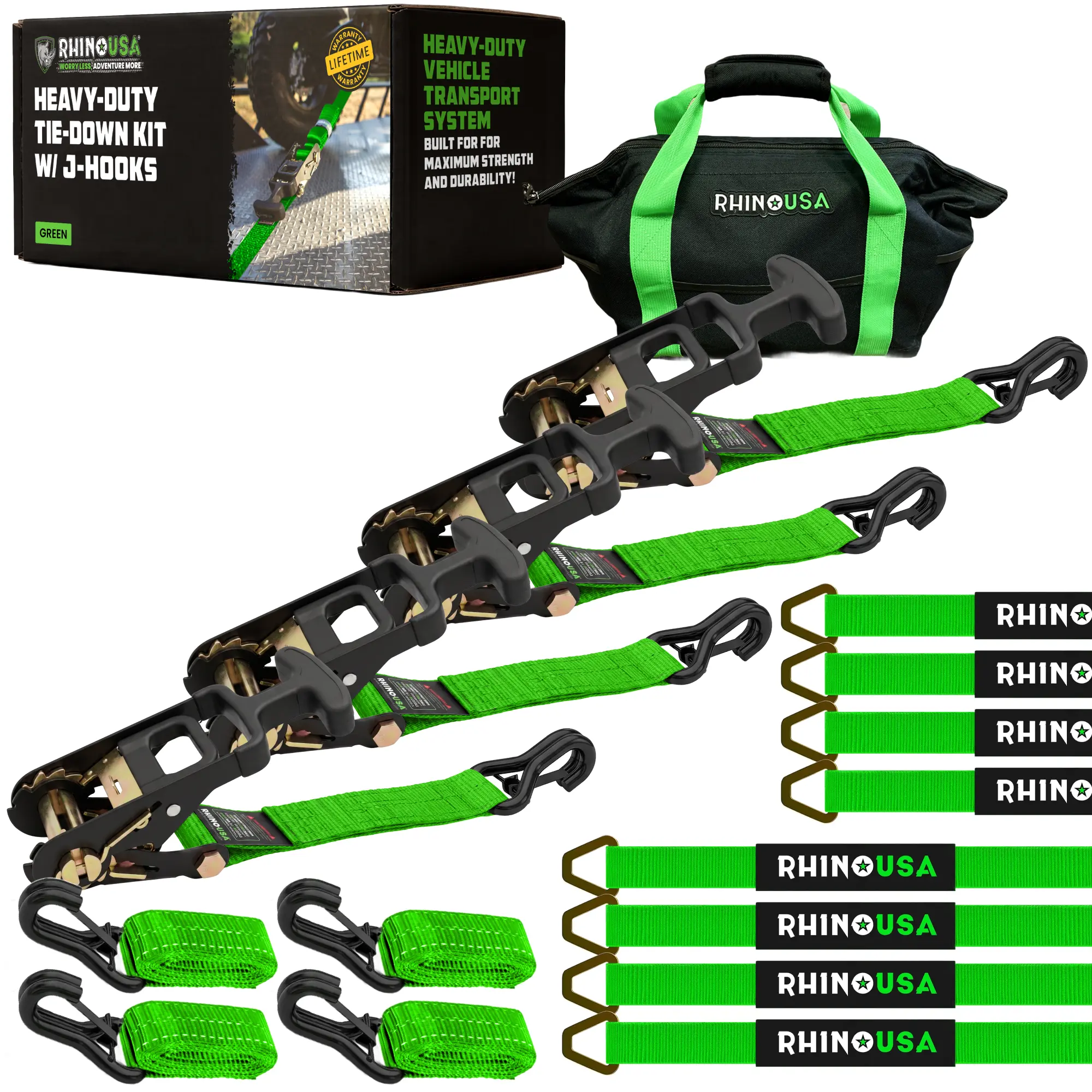 Rhino USA Car Tie Down Straps for Trailers with J Hooks (4-Pack) – 2