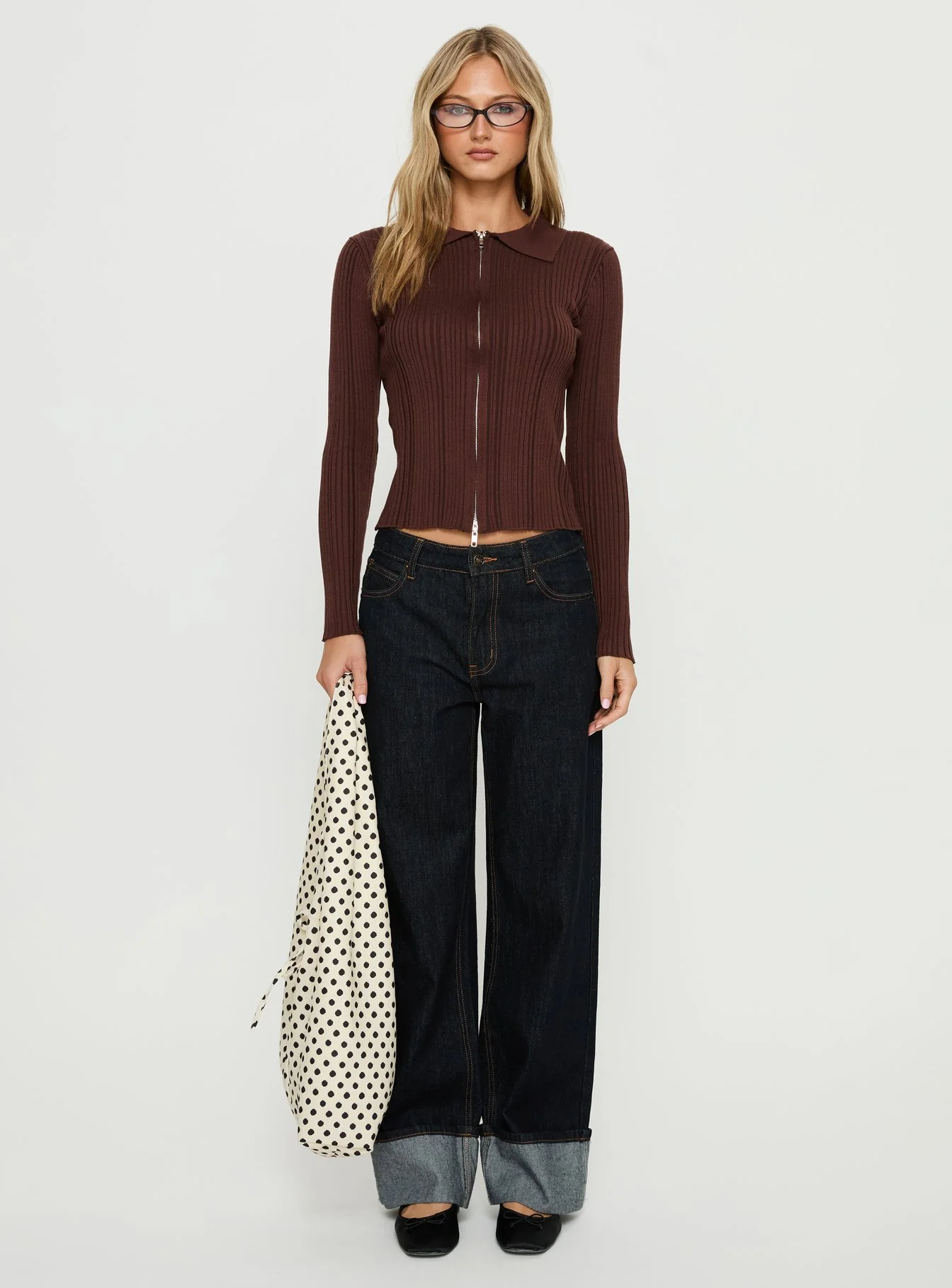 Tiaira Textured Zip Through Collared Long Sleeve Top Brown