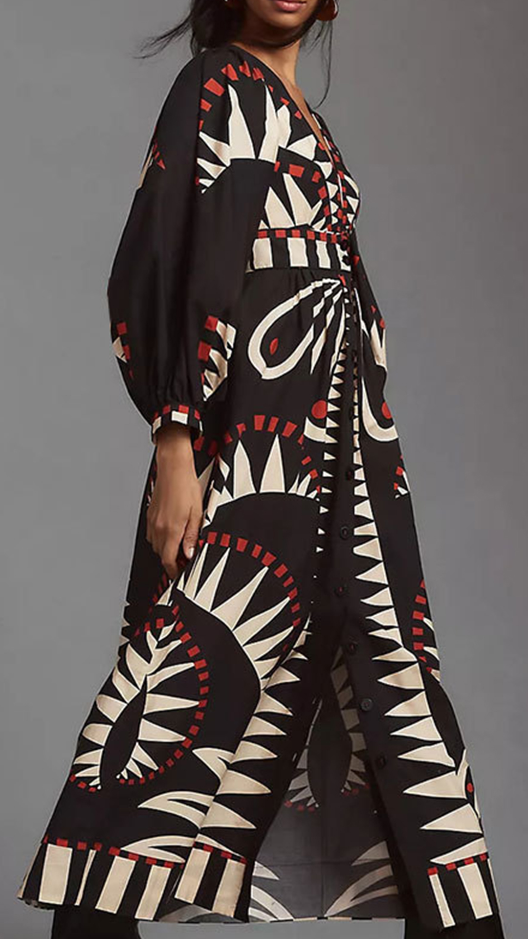 Women's Cotton‑blend Black‑base Geometric‑print V‑neck Puff‑sleeve Waist‑cinched Slit Midi Dress - Nordfashionstorm - Women's Clothing, Fashion for You - Nordfashionstorm.com