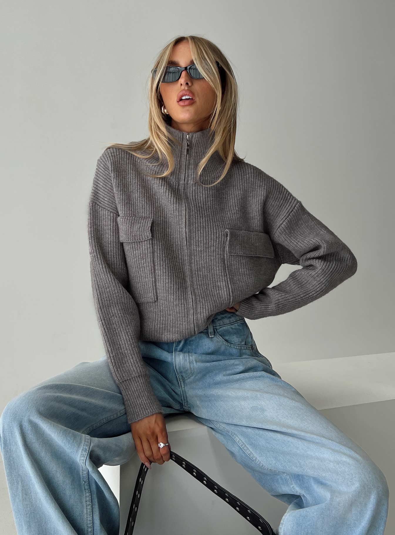 Too Busy Zip Up Sweater Grey