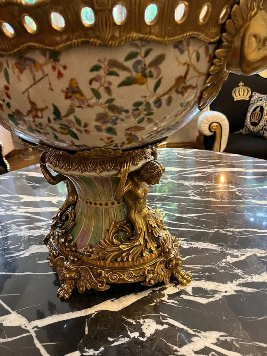 Art Nouveau porcelain bowl multicolored / brass 63 x 38 x H. 41 cm - Magnificent porcelain bowl - Baroque & Art Nouveau decorative accessories