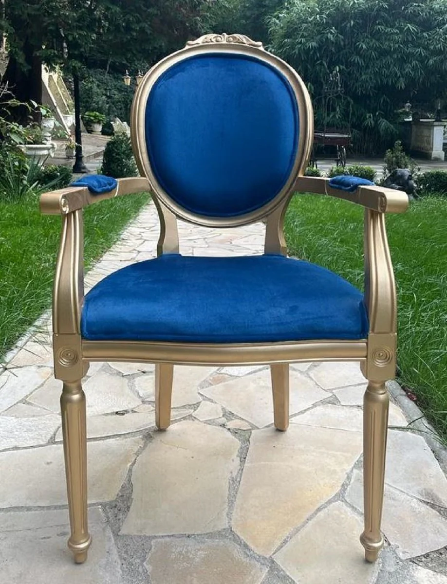 Luxury baroque dining room chair blue / gold - handmade antique style chair with armrests and elegant velvet fabric - dining room furniture in baroque style