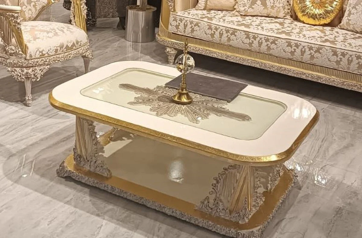 Luxury Baroque Living Room Set Gold / White - 2 Baroque Sofas & 2 Baroque Armchairs & 1 Baroque Coffee Table - Luxury Living Room Furniture in Baroque Style - Noble & Magnificent