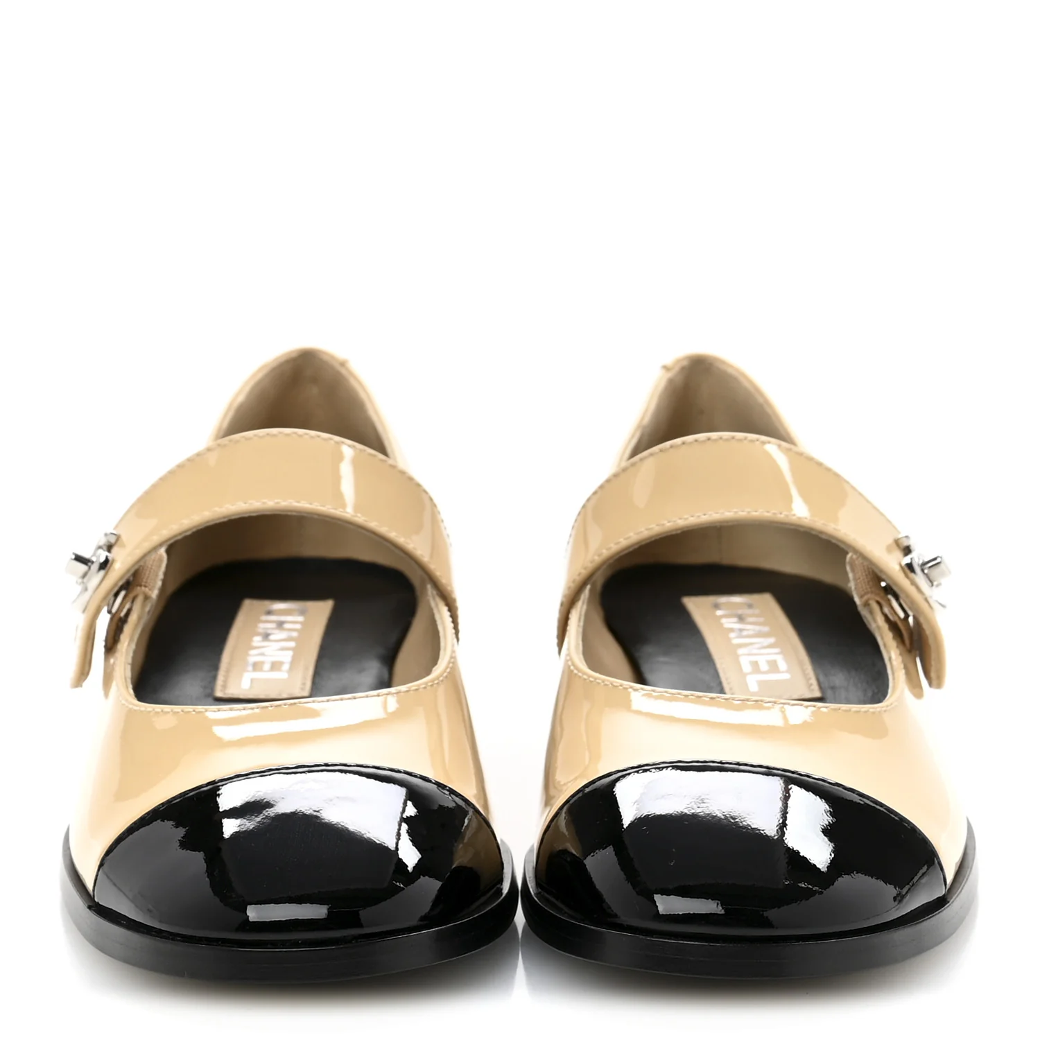 Patent Calfskin Mary Janes Flats 37 Beige Black - Top Club
