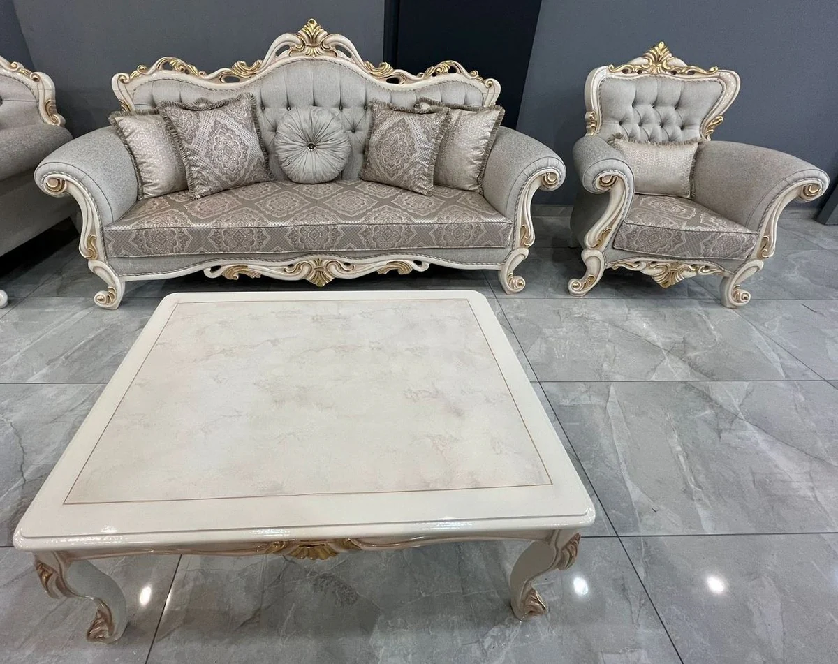 Luxury Baroque Living Room Furniture Set Gray / White / Gold - 2 Baroque Sofas & 2 Baroque Armchairs & 1 Baroque Coffee Table - Luxury Living Room Furniture in Baroque Style - Magnificent Baroque Furniture