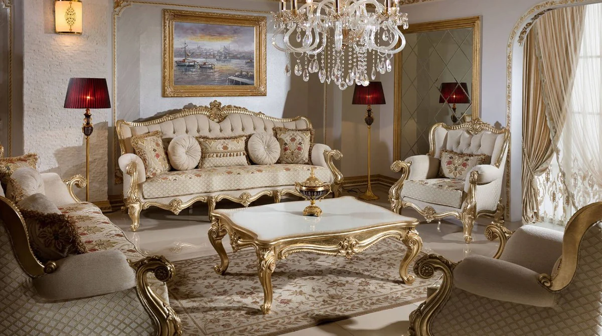 Luxury Baroque Sofa Gray / Multicolored / Gold 245 cm