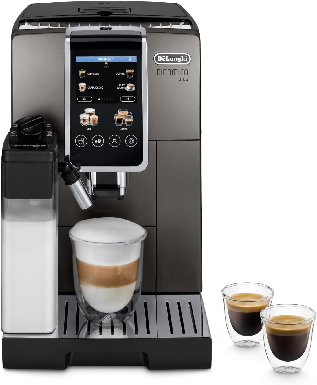 Perfetto Dinamica Plus ECAM380.95.TB, Macchina Automatica per Caffè in Chicchi, Caraffa Montalatte Automatica, 24 Bevande One Touch, Schermo Touch, Spegnimento Programmabile, Titanio