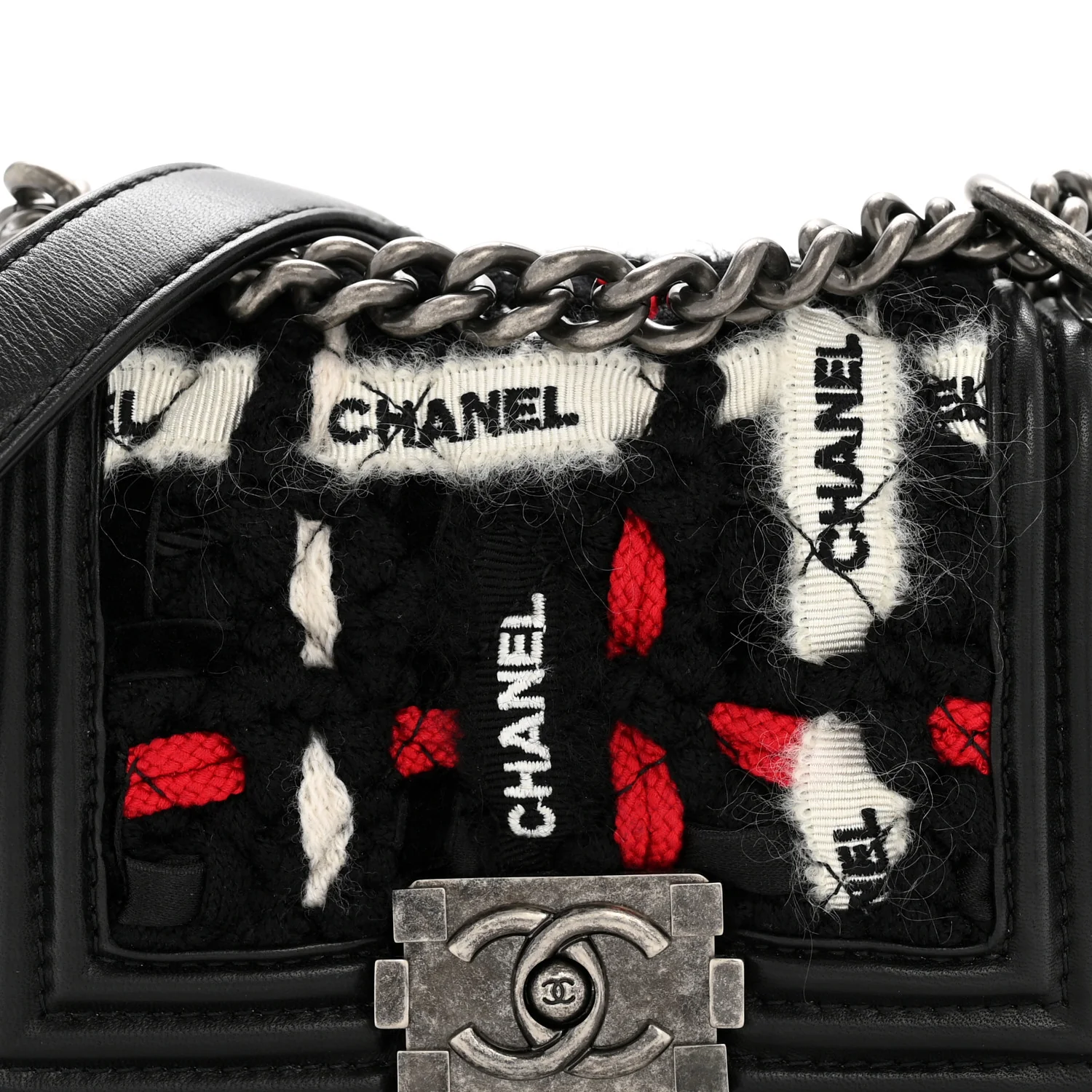 Lambskin Tweed Logo Embroidered Mini Boy Flap White Red Black - Top Club