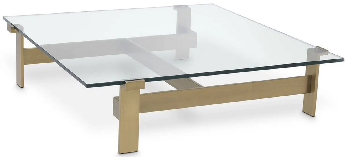 Luxury coffee table brass colored 120 x 120 x H. 30 cm - Square stainless steel living room table with glass top - Living room furniture - Luxury quality