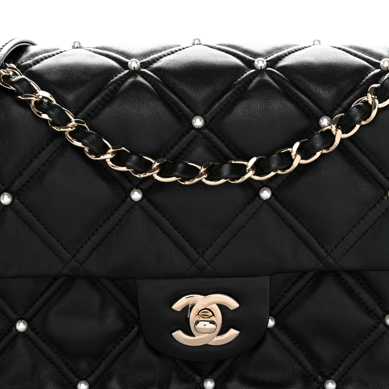 Lambskin Quilted Pearl Studded Flap Black - Top Club