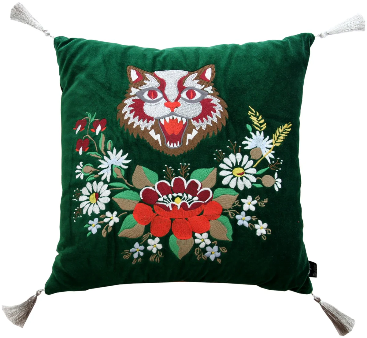 Luxury decorative cushion with tassels Cat green / white 45 x 45 cm - finest velvet fabric - living room cushion