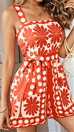 Women's Cotton-Blend Square Neck Printed Waist-Tie Romper - Nordfashionstorm - Women's Clothing, Fashion for You - Nordfashionstorm.com