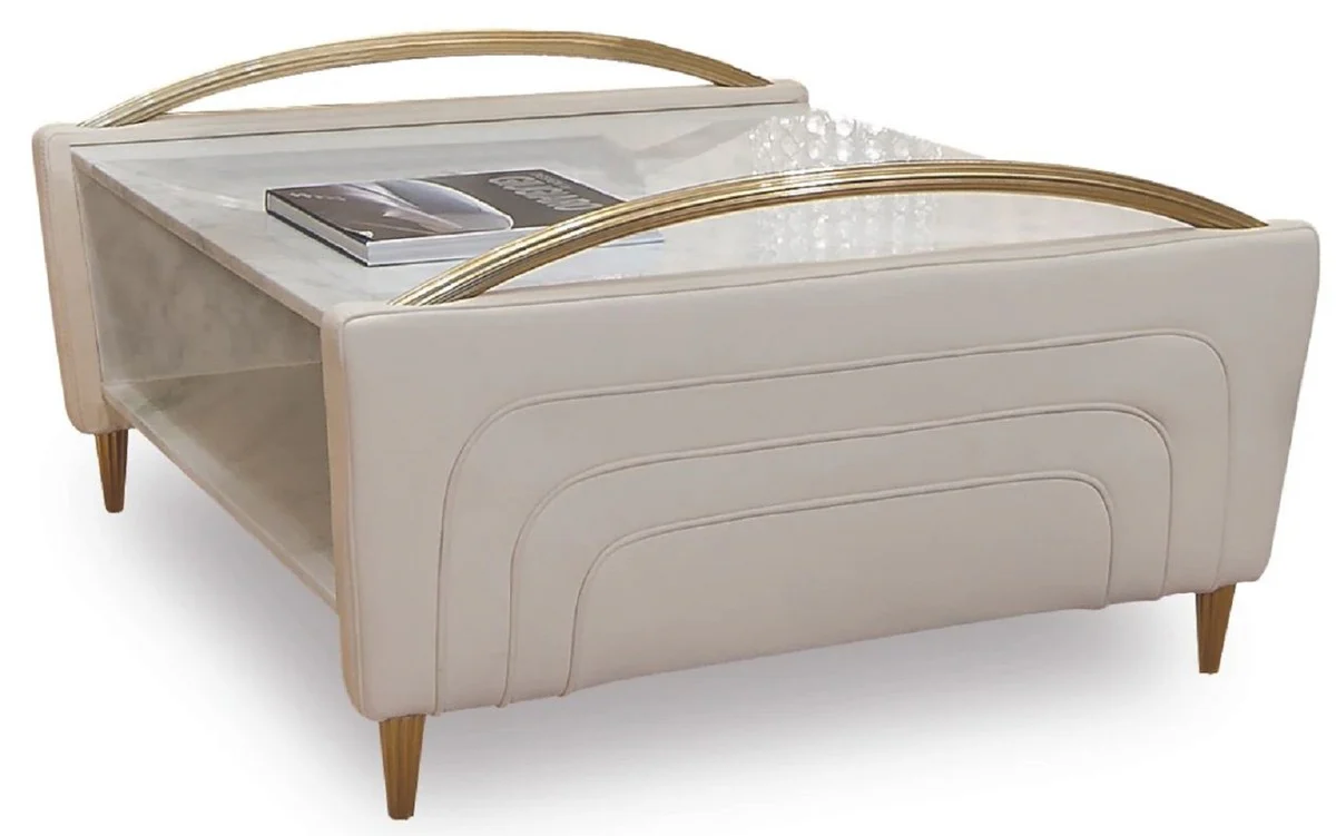 Luxury coffee table white / ivory / gold - Square living room table with Italian Carrara marble and real leather - Living room furniture - Luxury quality - Made in Italy