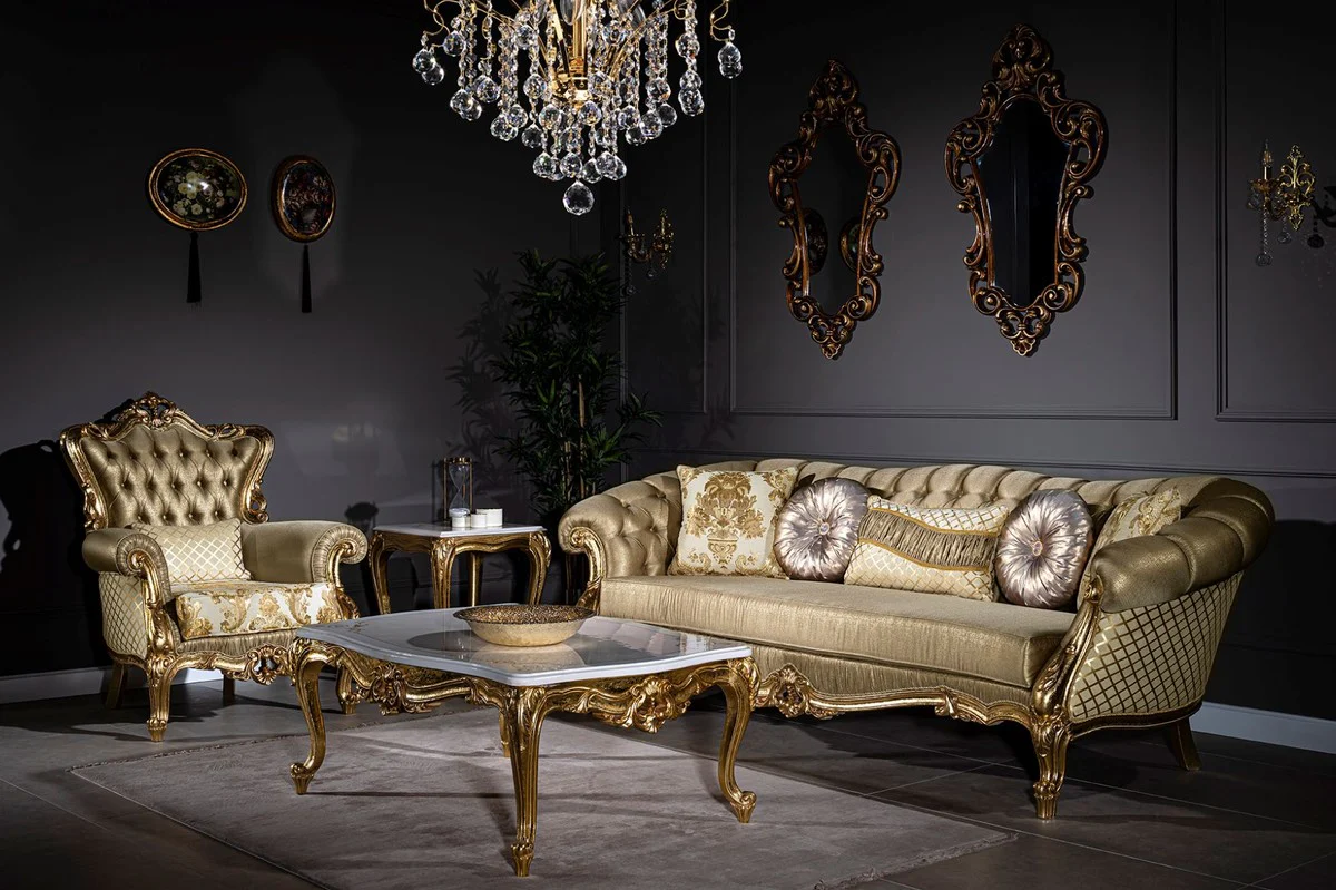 Luxury baroque coffee table white / beige / gold 120 x 85 x H. 49 cm - Elegant solid wood living room table in baroque style - Magnificent baroque furniture