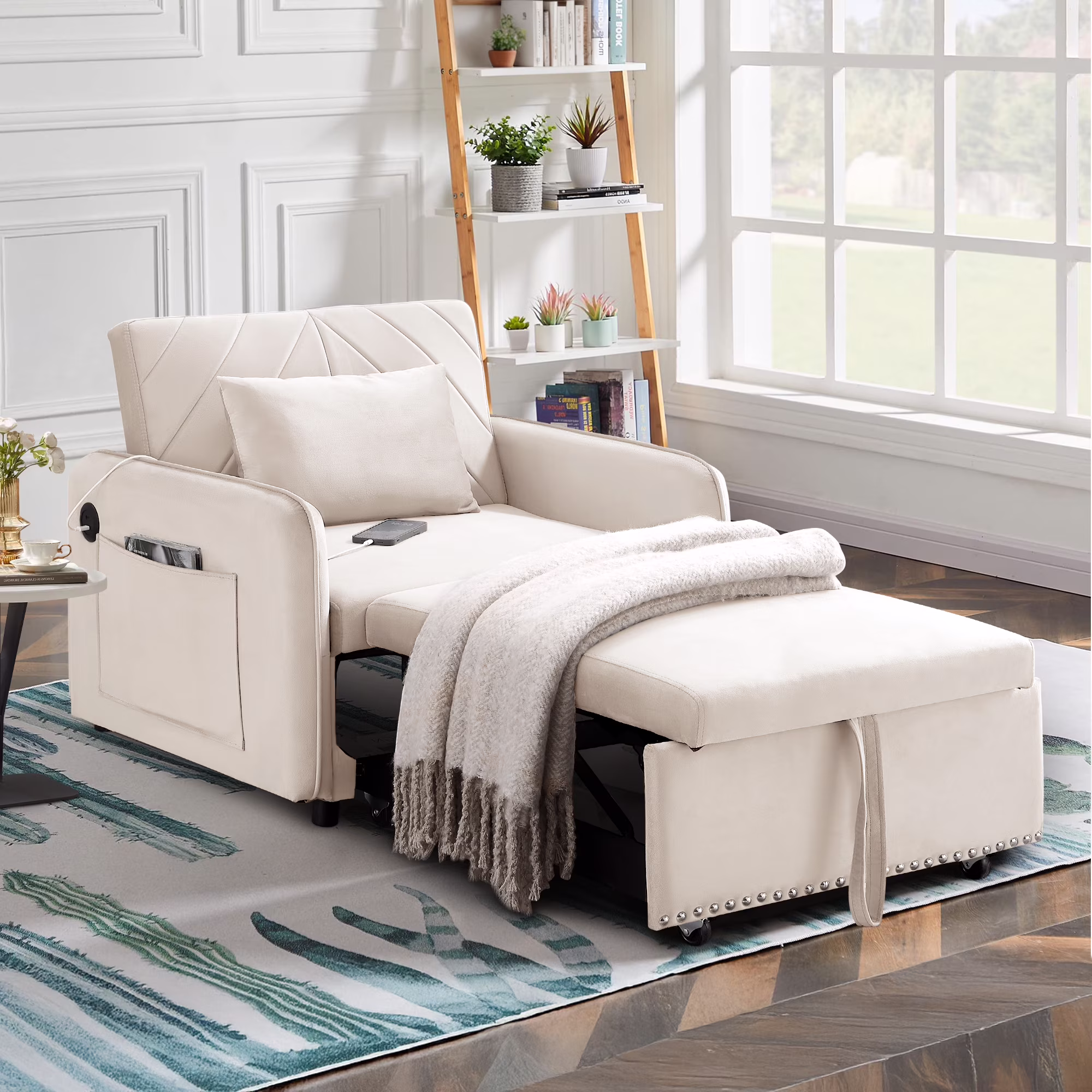 Lunale 3 - in - 1 Convertible Sleeper Chair Bed, Indoor Lounge Chair with USB/Type - C Charging Ports, Modern Recliner Sofa for Living Room, Gray Velvet