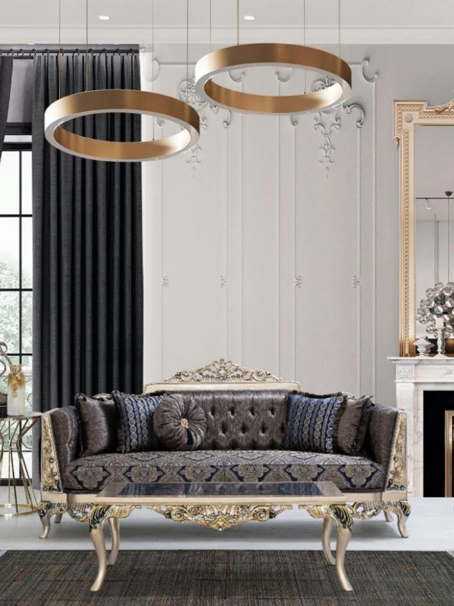 Luxury baroque coffee table with glass top silver / black / gold 128 x 95 x H. 46 cm - magnificent living room table with an elegant pattern - living room furniture in the baroque style