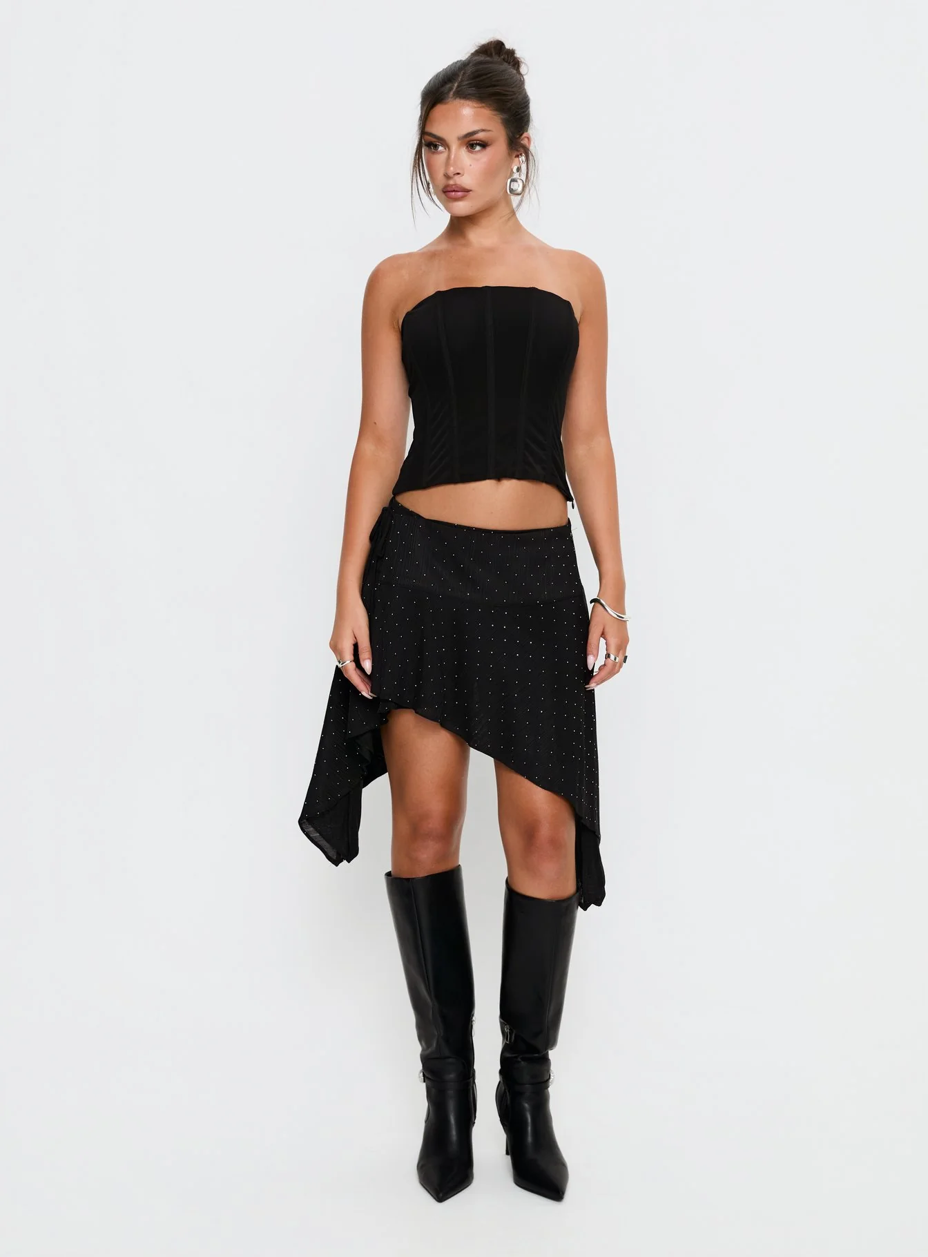 Hevenna Asymmetrical Plisse Mini Skirt Black Diamante
