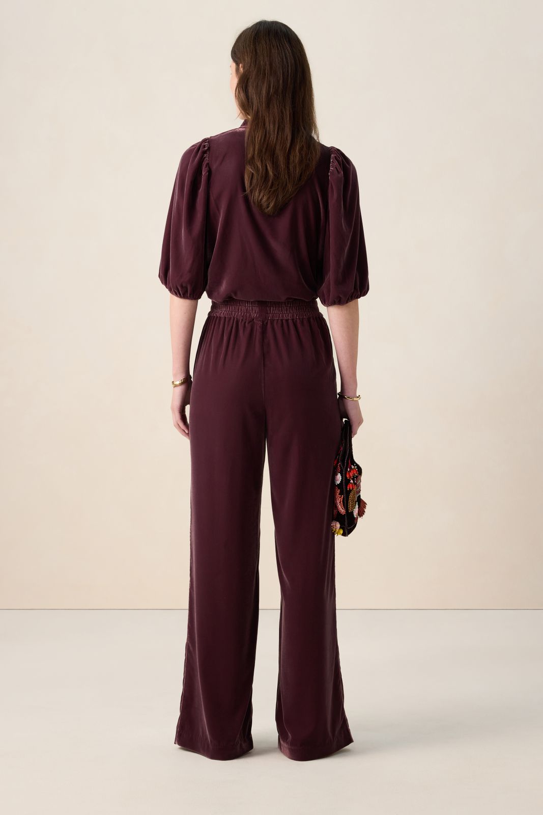 Donkerrode velvet wide leg broek