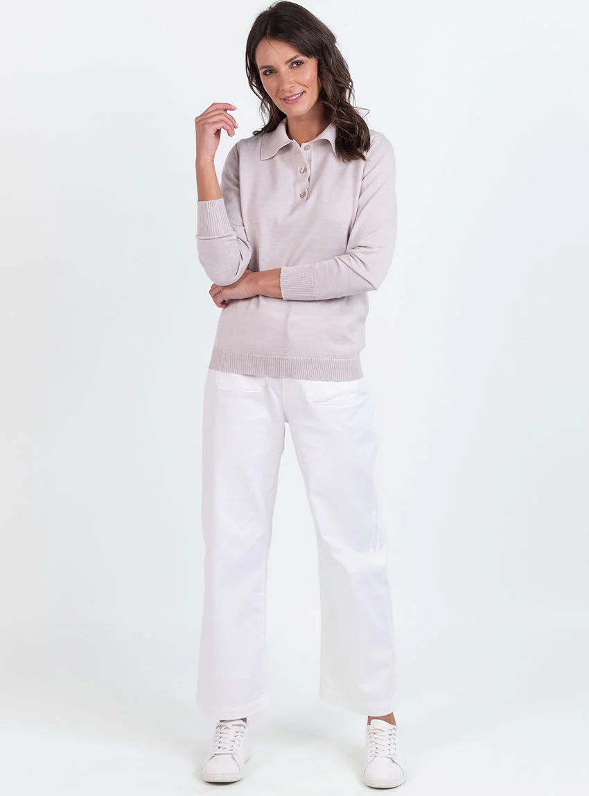 Pull femme col polo en laine beige naturel