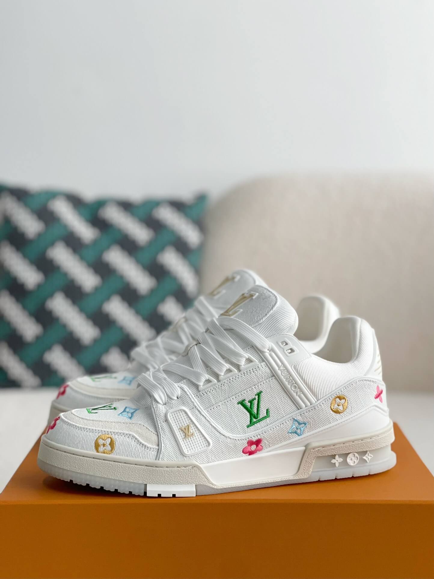 Louis Vuitton LV Trainer Floral Motif White Denim Sneaker - Sneaker Replica Workshop