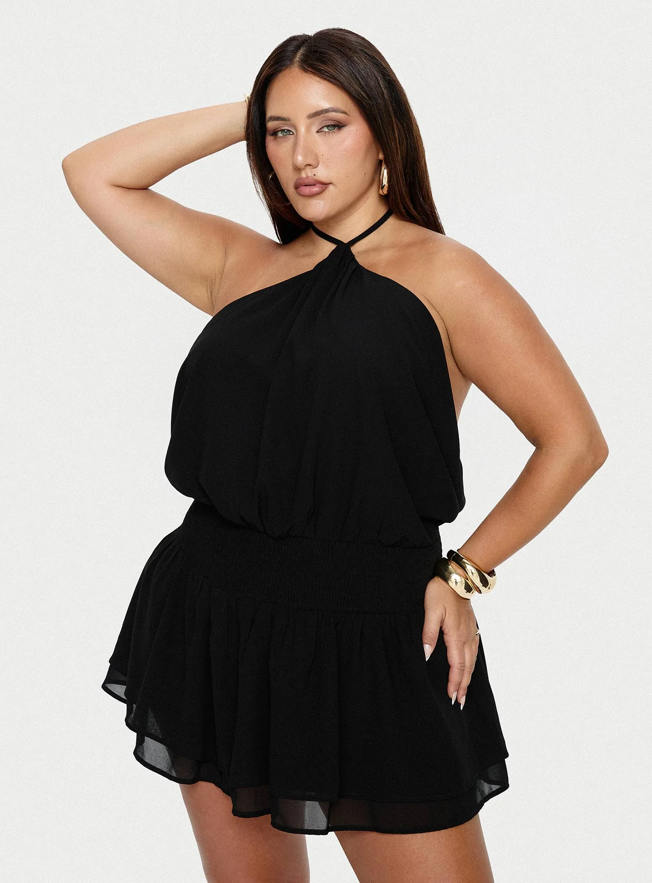 Khamira Halter Shirred Mini Dress Black Curve
