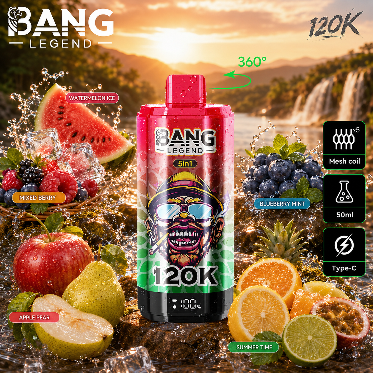 Ledový meloun + Lesní plody + Jablko a hruška + Borůvka a máta + Letní čas | Bang Legend vape 120 000 potahů