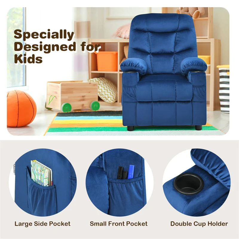 Kids Recliner Chair Adjustable Velvet Lounge Sofa with Cup Holders, 3 Pockets, Retractable Footrest, Toddler Furniture Sofa for Boys Girls Room