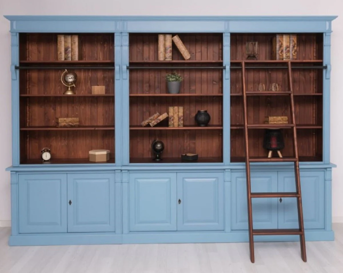 Country house style bookcase with ladder light blue / dark brown 223 x 51 x H. 228 cm - solid wood cabinet - living room cabinet - shelf cabinet - office cabinet - country house style furniture
