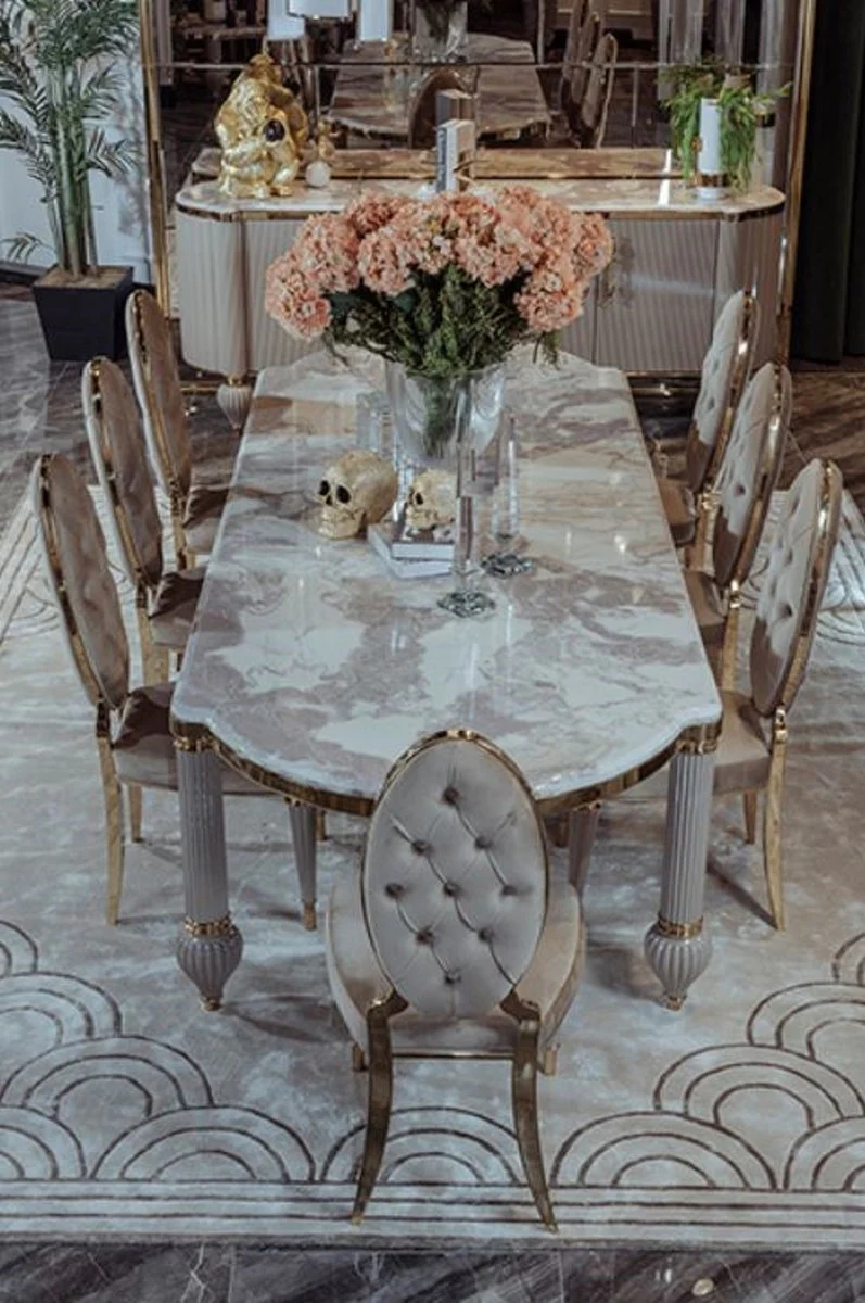 Luxury Art Deco dining room set gray / white / gold - 1 Art Deco dining table with artificial marble table top & 8 Art Deco dining room chairs - Magnificent Art Deco dining room furniture - luxury quality