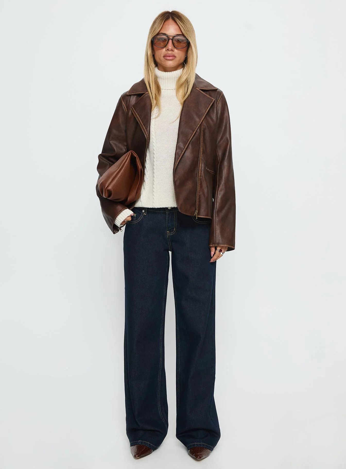 Vyolette Faux Leather Collared Jacket Washed Brown