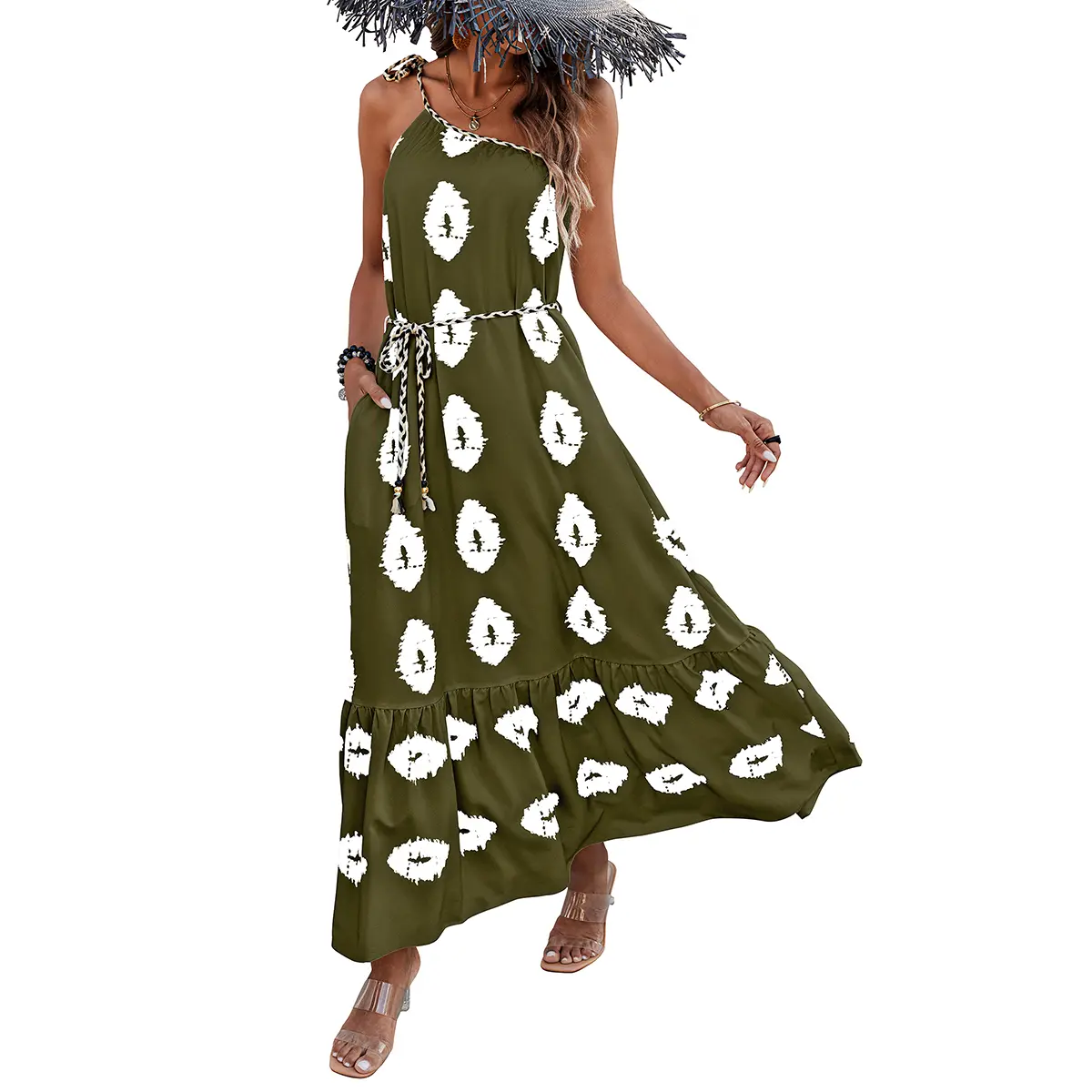 PrettyGarden Women's One Shoulder Spaghetti Strap Printed A Line Flowy Boho Maxi Long Sundress
