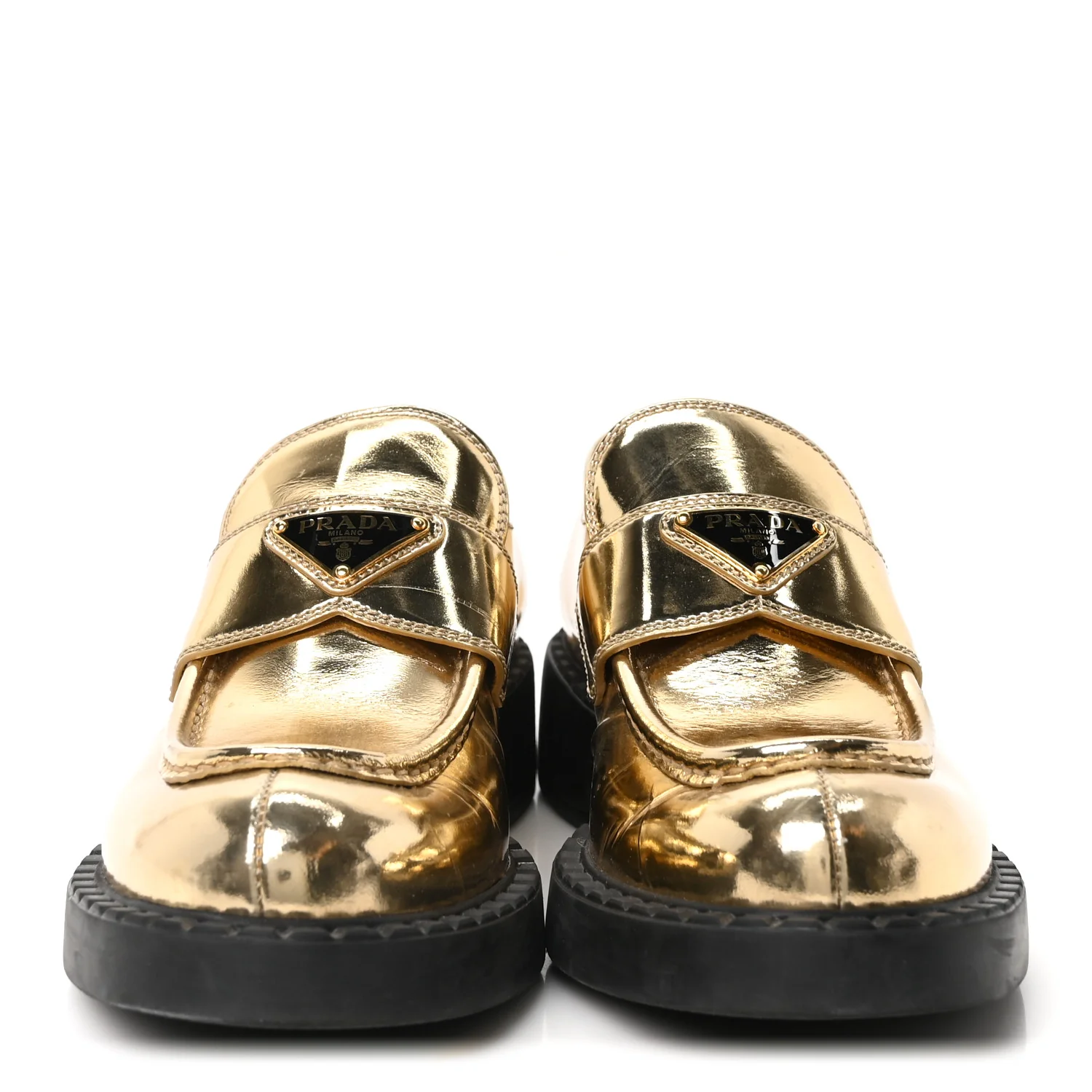 Metallic Brushed Calfskin Metal Triangle Logo 50mm Loafers 39.5 Platino - Top Club