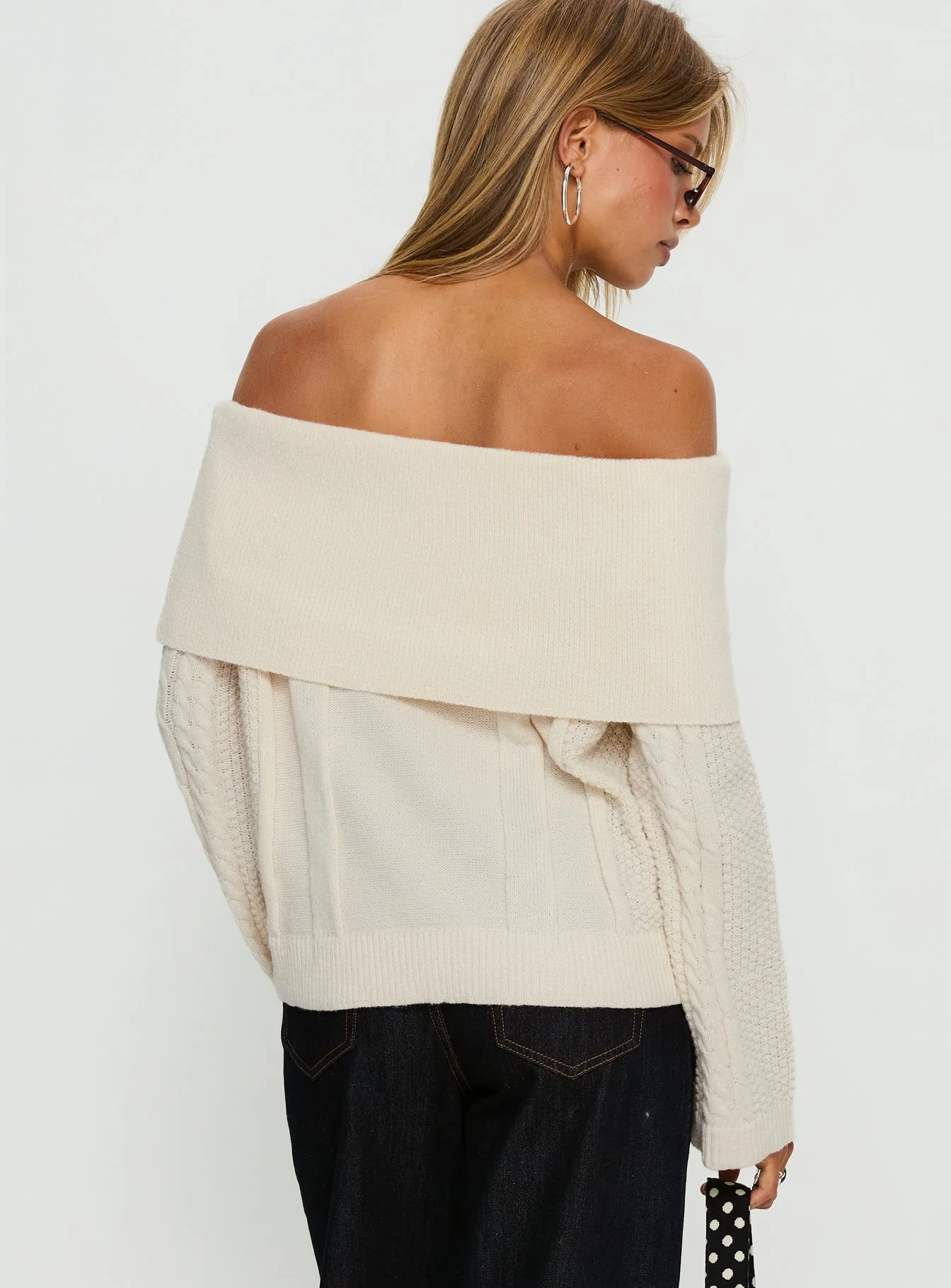 Margarete Off Shoulder Knit Sweater Cream
