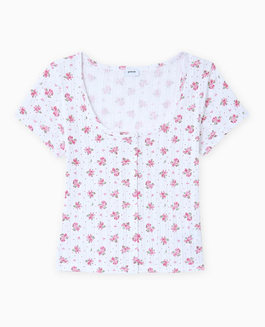 Pimkie T-shirt boutonné en maille pointelle motif fleurs