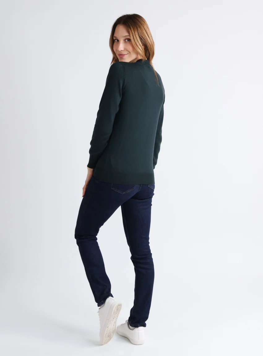 Pull femme col et maille fantaisie en laine merinos vert