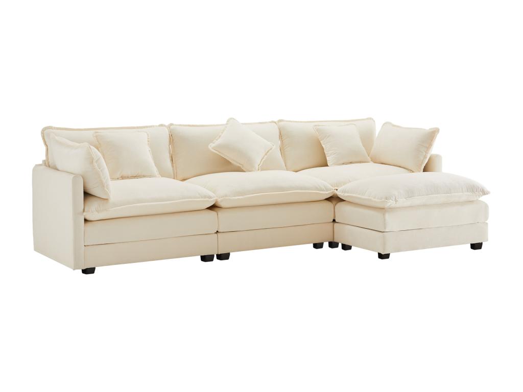 Sofá esquinero de chenilla de 3 plazas con reposapiés modular - beige