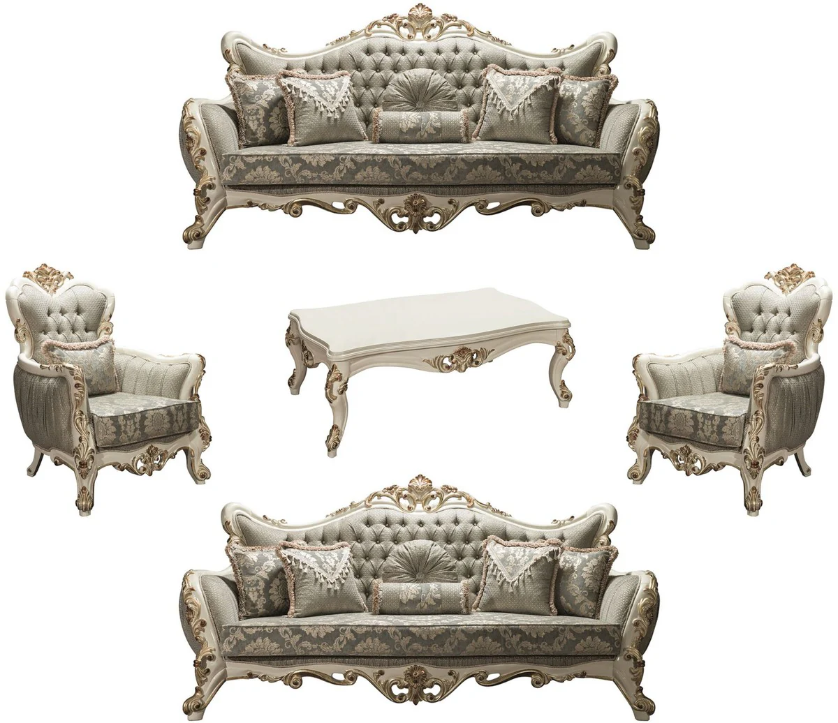 Luxury Baroque Living Room Set Gray / White / Gold - 2 Sofas & 2 Armchairs & 1 Coffee Table - Baroque Style Furniture - Noble & Magnificent