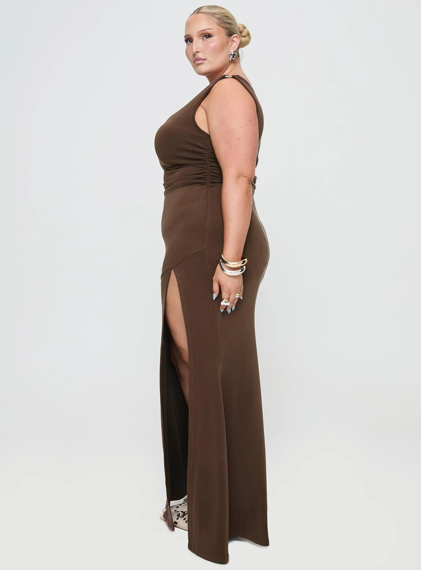 Rios One Shoulder Maxi Dress Brown Curve