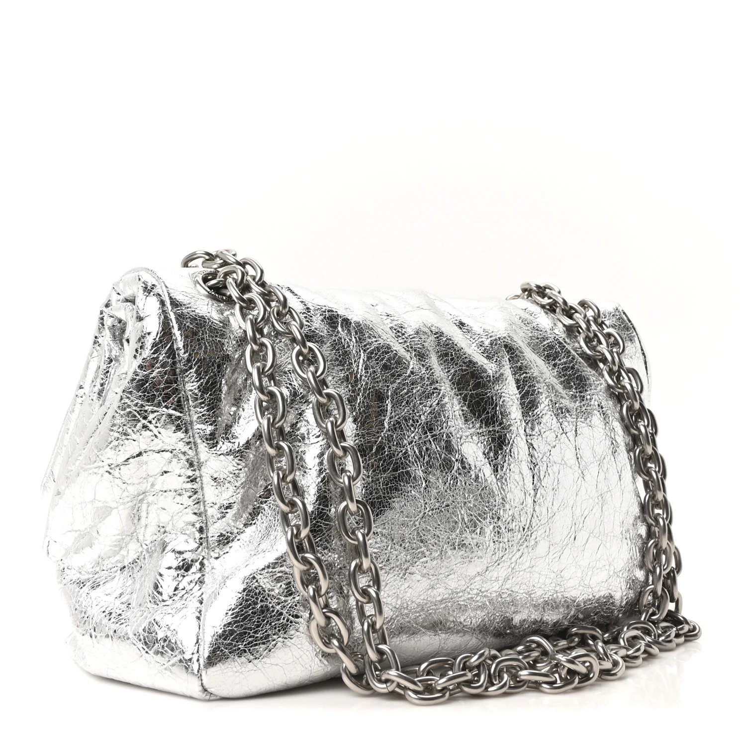 Metallized Arena Calfskin Medium Monaco Chain Shoulder Bag Silver - Top Club