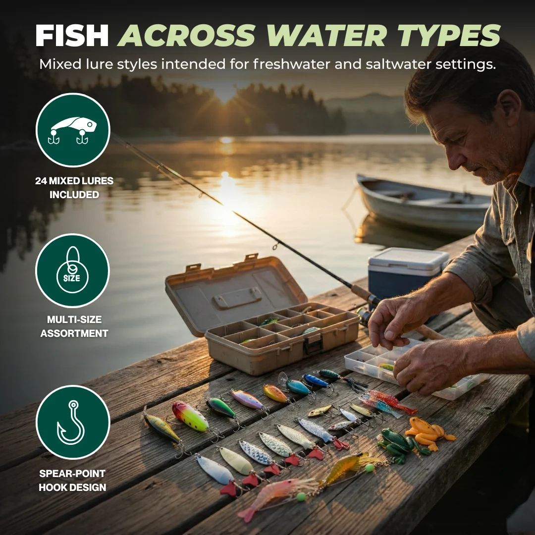 24 Piece Fishing Lures Set for Men, Teens, and Adult Anglers 24 Piece Fishing Lures Set for Men, Teens, and Adult Anglers