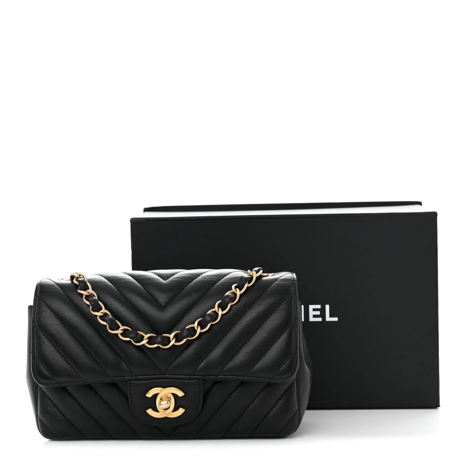 Lambskin Chevron Quilted Mini Rectangular Flap Black - Top Club