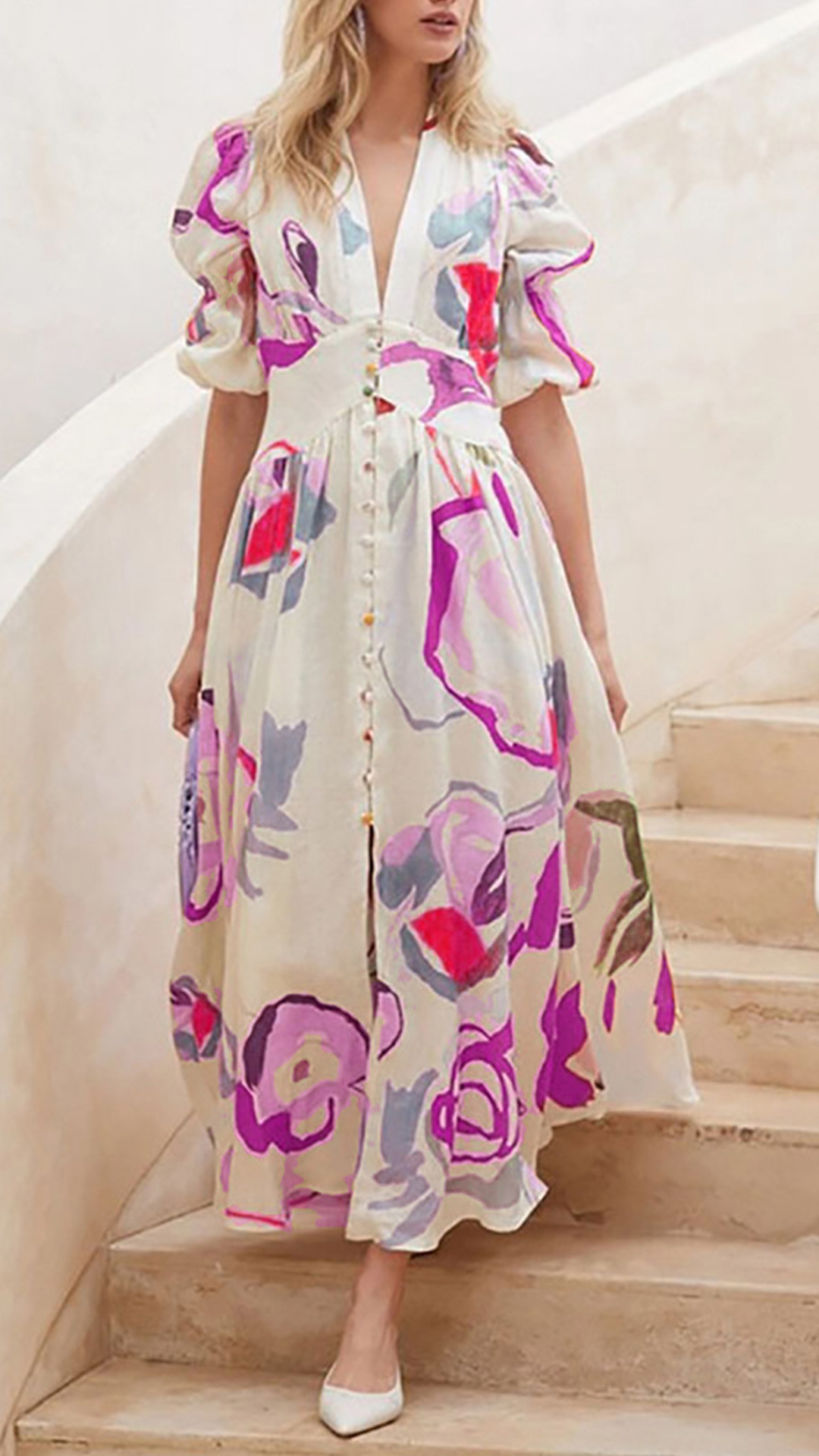 Women's Cotton-Blend Off-White Art Print V-Neck Puff Sleeve Dress - Nordfashionstorm - Women's Clothing, Fashion for You - Nordfashionstorm.com