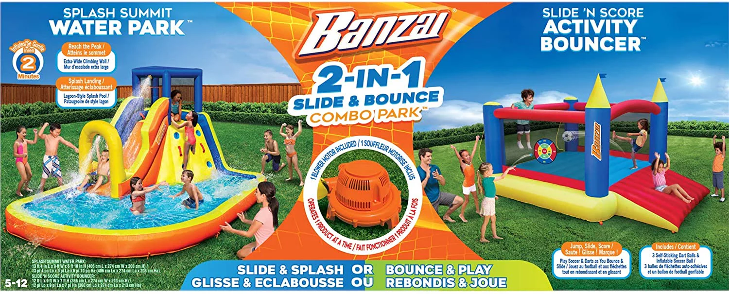 Inflatable Water Slide and Bouncy Castle (Combo Pack) - Huge, sturdy outdoor kids adventure park pool with built-in sprinkler wave and slide PLUS large BONUS 12 x 9 bouncy house - blower included