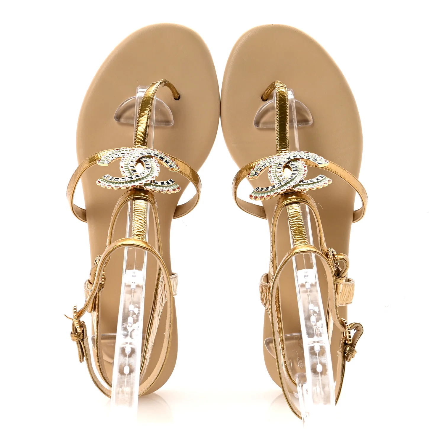 Laminated Lambskin Enamel CC Thong Sandals 38.5 Golden