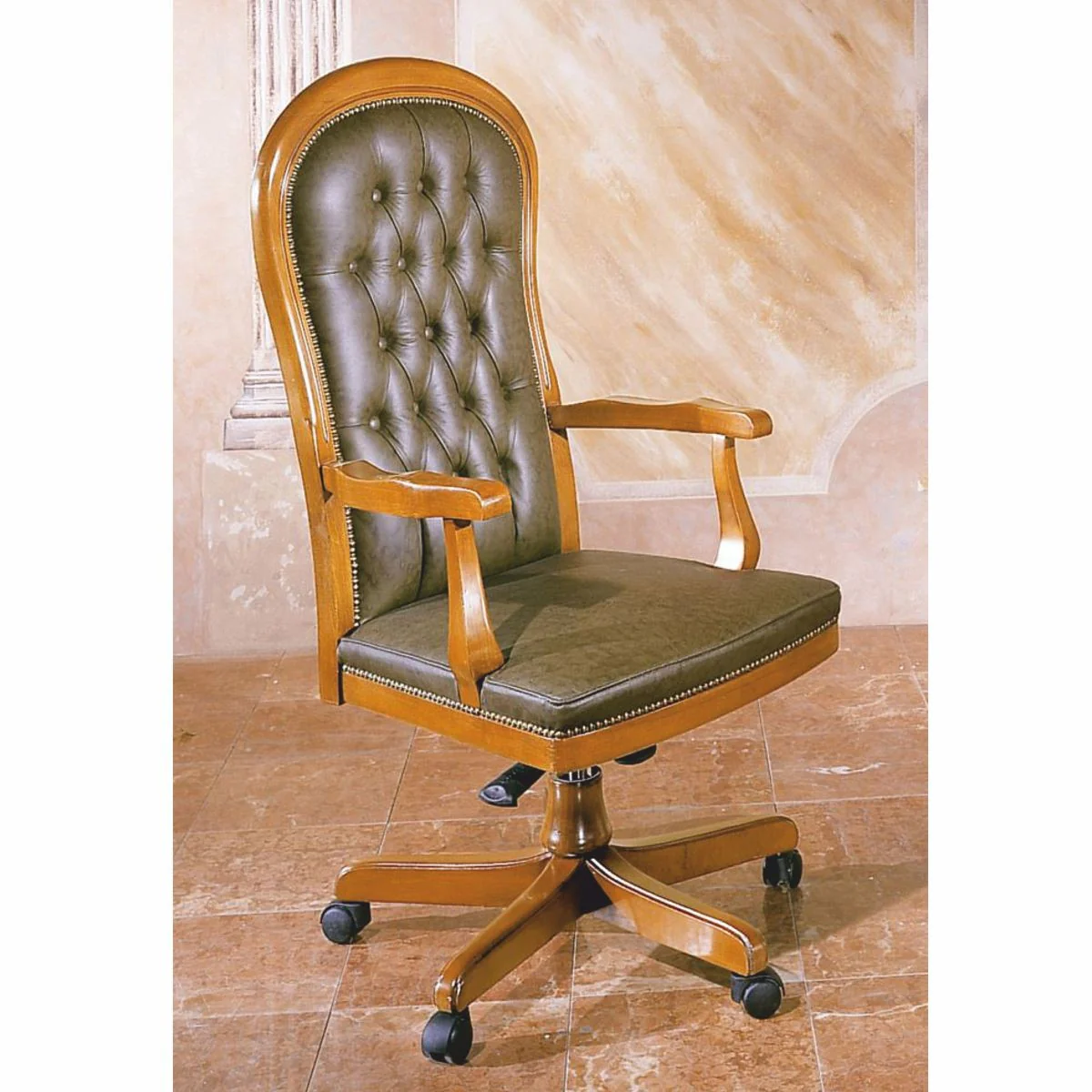 Luxury Chesterfield office chair vintage green / brown 59 x 65 x H. 116 cm - Height-adjustable desk chair with real leather - Chesterfield office furniture - Luxury quality - Made in Italy
